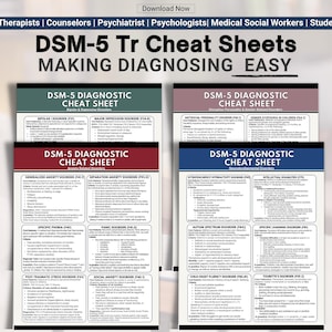 Puede incluir: Un conjunto de hojas de trucos DSM-5 Tr para profesionales de la salud mental. Las hojas están organizadas por categorías diagnósticas, incluyendo Trastorno Bipolar, Depresión Mayor y Trastornos de Ansiedad. El título "MAKING DIAGNOSING EASY" se muestra de forma destacada.