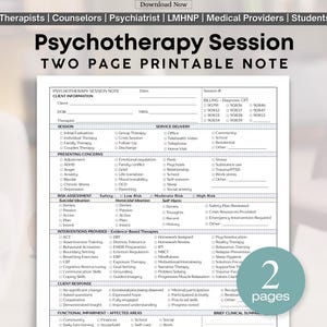 May include: A two-page psychotherapy session note printable form featuring sections for client information, session details, service delivery, presenting concerns, risk assessment, interventions provided, client response, and treatment plan.