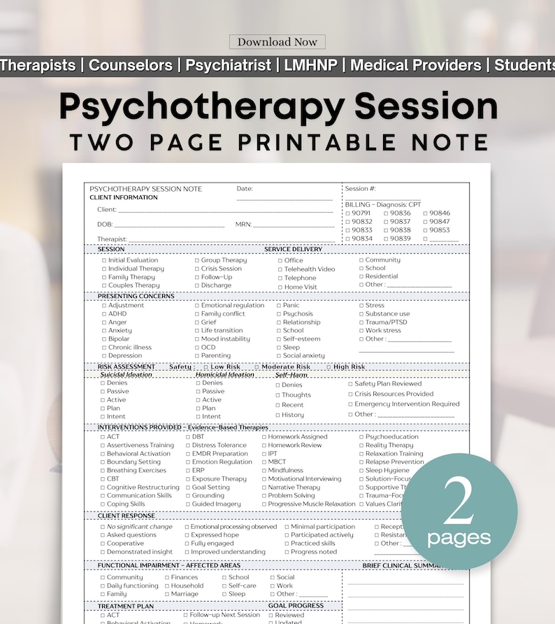 Checklista för terapiprogress, mall för psykoterapi, sessionsanteckning för beteendehälsa (PDF-nedladdning) bild 1