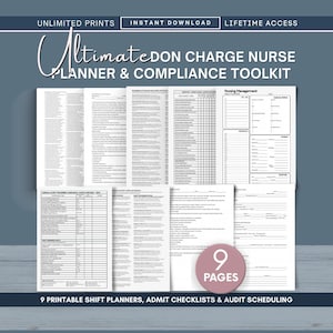 Puede incluir: Una colección digital de 9 páginas imprimibles titulada Ultimate DON Charge Nurse Planner & Compliance Toolkit. Los documentos incluyen planificadores diarios de enfermería, listas de verificación de cumplimiento y formularios.
