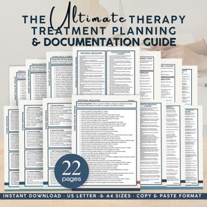 May include: A 22-page therapy treatment planning and documentation guide featuring printed text on white paper. The document includes sections on emotional regulation, cognitive processing, and SMART goals, formatted for US Letter and A4 sizes.