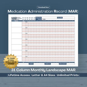 MAR, Medication Administration Record, Printable Medicine Record, Daily Medication Log, Monthly RX Tracking Sheet, Medicine Log Template