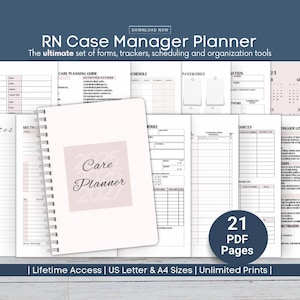 Può includere: Un'agenda bianca con la scritta "Care Planner 2025-2027" sulla copertina, circondata da vari moduli e tracker. L'immagine include il testo "RN Case Manager Planner" e "21 PDF Pages."