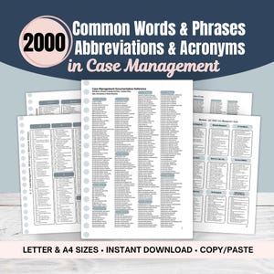 Könnte beinhalten: Ein digitaler Referenzleitfaden mit dem Titel 2000 Common Words & Phrases Abbreviations & Acronyms in Case Management. Das Dokument enthält mehrere Seiten mit organisierten Listen, Tabellen und Texten zur Dokumentation und Terminologie im Fallmanagement.