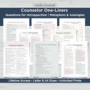 Può includere: Download digitale di fogli di lavoro stampabili intitolati "Counselor One-Liners" con domande di introspezione, metafore e analogie. Disponibile nei formati Letter e A4, con stampe illimitate.