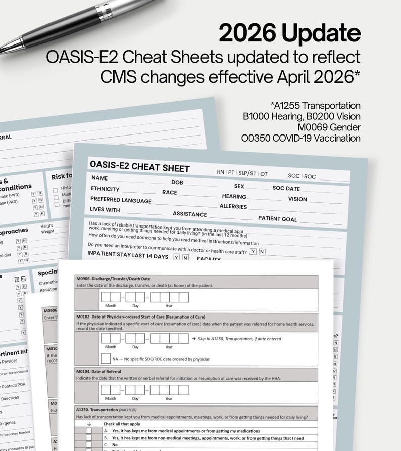OASIS E2 Start of Care Cheat Sheet, 2026 Home Health Skilled Nursing ...
