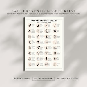 Op de afbeelding: Een beige poster getiteld "Fall Prevention Checklist" met veiligheidstips voor ouderen. De poster bevat pictogrammen die valpreventiemaatregelen illustreren. De tekst onderaan luidt "Lifetime Access", "Instant Download" en "US Letter & A4 Sizes".