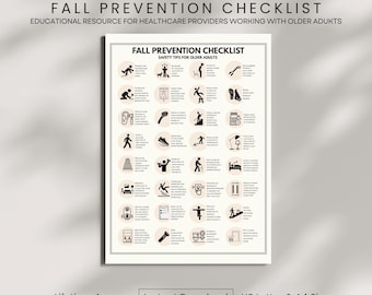 May include: A beige poster titled "Fall Prevention Checklist" with safety tips for older adults. The poster includes various icons illustrating fall prevention measures. Text at the bottom reads "Lifetime Access", "Instant Download", and "US Letter & A4 Sizes".