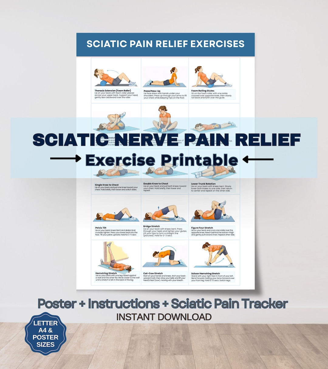 Sciatica Pain Relief Exercises Printable Poster, Sciatic Nerve Mobility ...