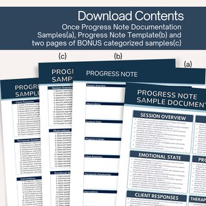 May include: A digital download featuring progress note documentation samples, a progress note template, and bonus categorized samples. The documents include session overviews, observations, emotional states, client responses, and therapeutic relationships. The text is in a dark blue font.