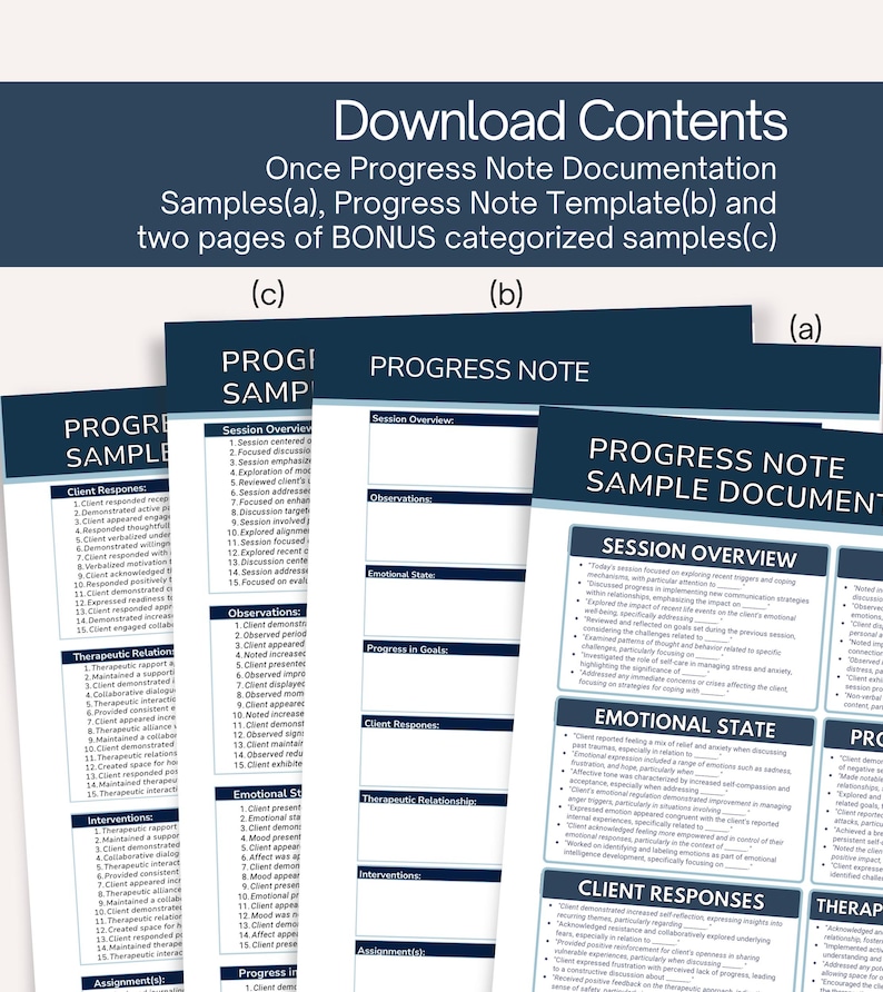 May include: A digital download featuring progress note documentation samples, a progress note template, and bonus categorized samples. The documents include session overviews, observations, emotional states, client responses, and therapeutic relationships. The text is in a dark blue font.