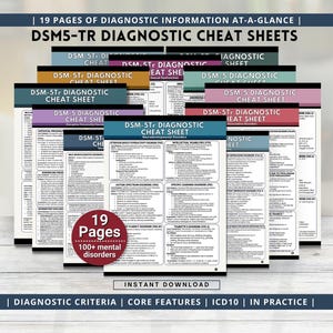 Puede incluir: Un conjunto de hojas de trucos de diagnóstico DSM-5-TR con 19 páginas de información diagnóstica. Las hojas tienen encabezados de varios colores e incluyen información sobre más de 100 trastornos mentales. Texto: "Criterios de diagnóstico" y "Descarga instantánea."