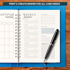 May include: A weekly planner with a white background and black text. The planner includes sections for appointments, a shopping list, and a 'don't forget' section. The planner is open to a page with a calendar grid on the left and daily planner activities checklist on the right. A black pen is lying on top of the planner.