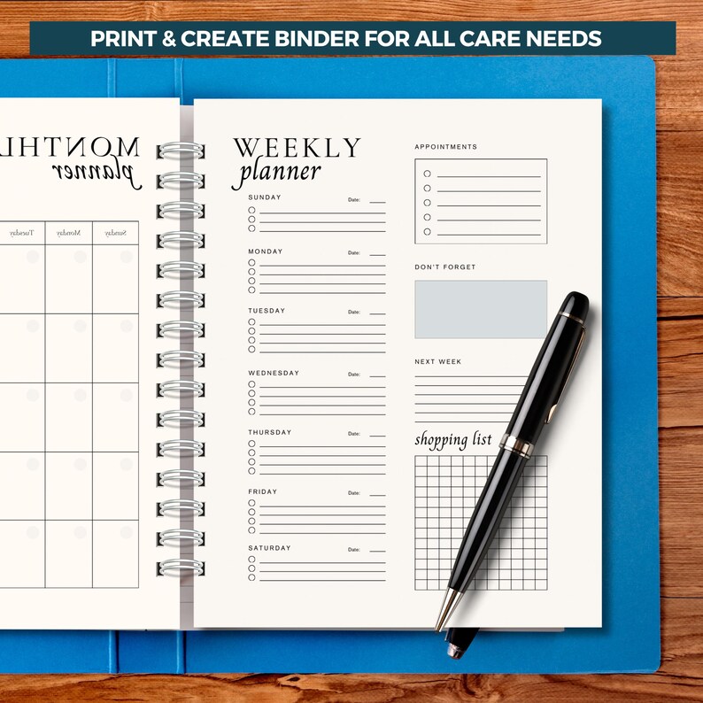 May include: A weekly planner with a white background and black text. The planner includes sections for appointments, a shopping list, and a 'don't forget' section. The planner is open to a page with a calendar grid on the left and daily planner activities checklist on the right. A black pen is lying on top of the planner.