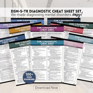 May include: A collection of DSM-5 Diagnostic Cheat Sheets with various colored headers. The text reads "DSM-5-TR DIAGNOSTIC CHEAT SHEET SET" and "We made diagnosing mental disorders. easy!" A button says "Download Now".