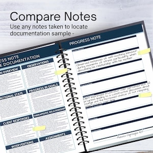 May include: Open spiral-bound notebook with a dark blue cover, featuring the text "Compare Notes." The notebook is open to a page with sections for documentation, including "Observations" and "Progress in Goals." Yellow sticky notes mark specific entries.