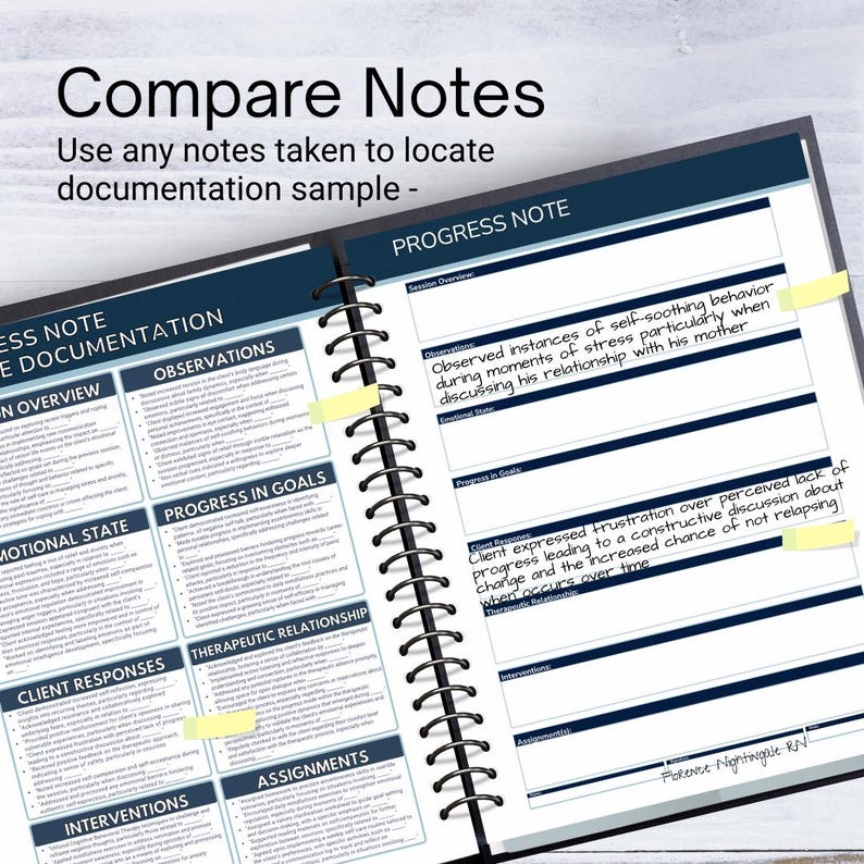 May include: Open spiral-bound notebook with a dark blue cover, featuring the text "Compare Notes." The notebook is open to a page with sections for documentation, including "Observations" and "Progress in Goals." Yellow sticky notes mark specific entries.