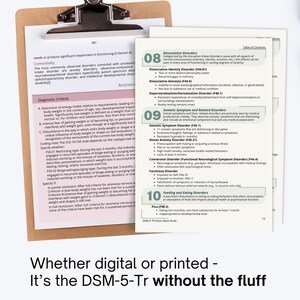 May include: A clipboard with diagnostic criteria for anorexia nervosa and a page on dissociative disorders. The text "Whether digital or printed - It's the DSM-5-Tr without the fluff" is at the bottom.