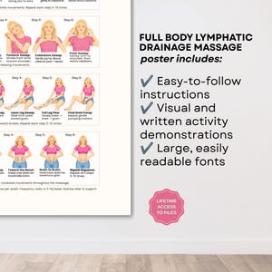May include: A full body lymphatic drainage massage poster featuring illustrated step-by-step instructions with figures in pink shirts. The text reads: FULL BODY LYMPHATIC DRAINAGE MASSAGE poster includes: Easy-to-follow instructions, Visual and written activity demonstrations, Large, easily readable fonts, and LIFETIME ACCESS TO FILES.