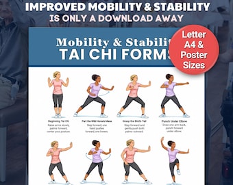 Póster con ejercicios sencillos de Tai Chi / Tabla de 12 movimientos de Tai Chi / Ejercicios para la prevención de caídas y el equilibrio / Material imprimible para la movilidad de las personas mayores