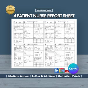 May include: A white 4-patient nurse report sheet with detailed sections for patient information and medical data. The sheet includes the text "4 PATIENT NURSE REPORT SHEET" and "Download Now". The design includes the Canva logo and the text "Lifetime Access | Letter & A4 Sizes | Unlimited Prints".