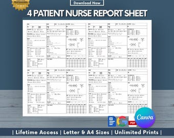 May include: A white 4-patient nurse report sheet with detailed sections for patient information and medical data. The sheet includes the text "4 PATIENT NURSE REPORT SHEET" and "Download Now". The design includes the Canva logo and the text "Lifetime Access | Letter & A4 Sizes | Unlimited Prints".
