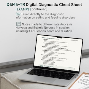 May include: A laptop displaying a digital diagnostic cheat sheet for eating and feeding disorders, with text including ICD10 codes. A notepad with handwritten notes sits beside the laptop.