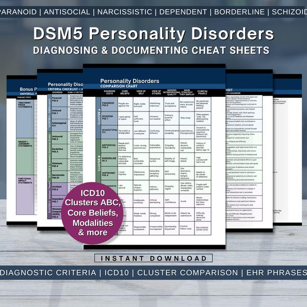 DSM5-spiekbriefje persoonlijkheidsstoornisbundel, clusters ABC, DSM5 diagnostische criteria, ICD-10-codes, gids EPD-grafiek