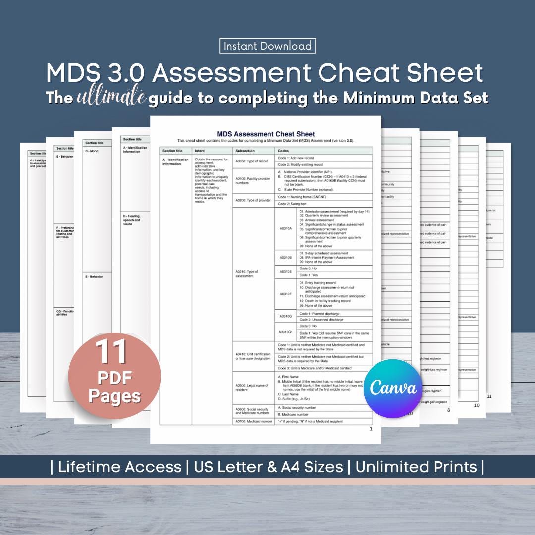 MDS 3.0 Assessment Cheat Sheet, Reference Tool for Nursing Home MDS ...