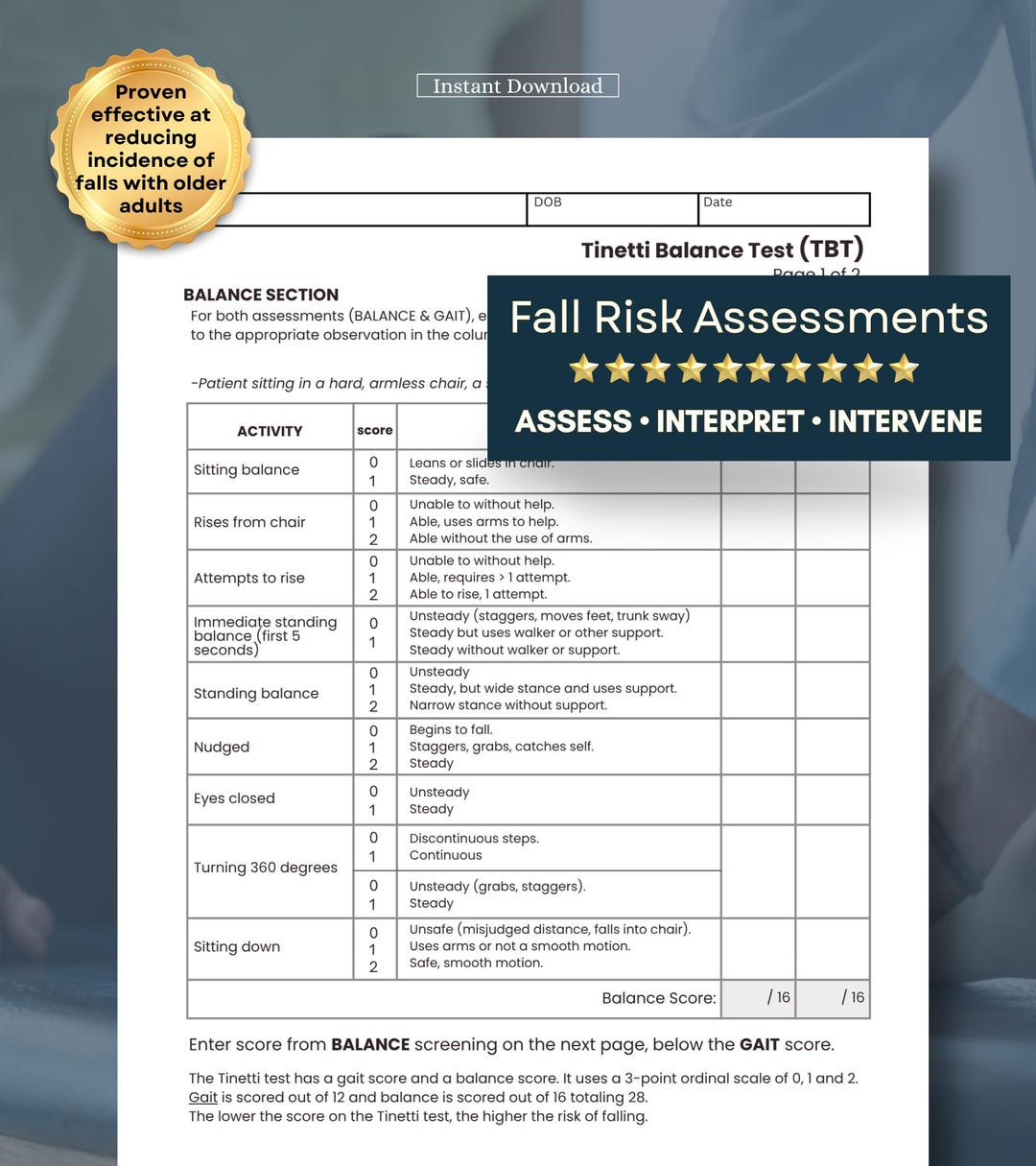 Fall Risk Safety Assessment, Assess Gait Balance Forms, Physical ...