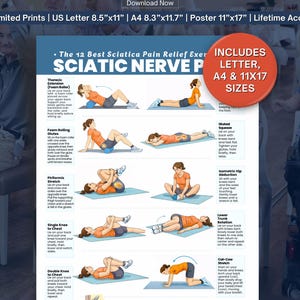 Ischiasschmerzen Linderungsübungen zum Ausdrucken, Schmerzen im unteren Rücken Stretch Routine Poster, Ischiasnerv Beweglichkeitstabelle (PDF-Download)