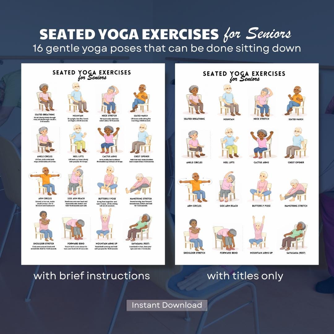 Chair Yoga for Seniors Poster | 16 Seated Chair Yoga Exercises