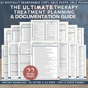 May include: A digital therapy treatment planning and documentation guide featuring 22 searchable, copy-pasteable pages. The document includes sections on emotional regulation, cognitive processing, and SMART goals, available in US Letter and A4 sizes.