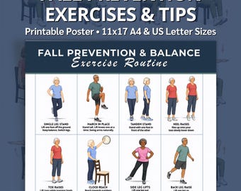 Fall Prevention Balance Exercises for Seniors Poster | 16 Easy Stability Exercises | Printable Senior Fitness Wall Chart | Physical Therapy