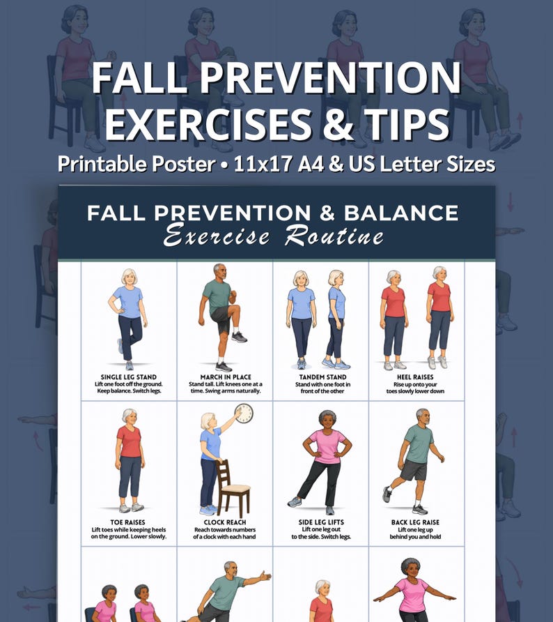 Fall Prevention Balance Exercises for Seniors Poster | 16 Easy ...