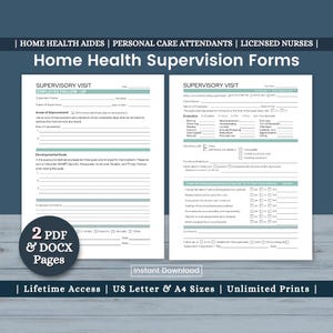May include: Two-page document titled "Home Health Supervision Forms" with sections for supervisory visits and employee follow-up. Includes areas for improvement, developmental goals, and employee comments. Features the text "2 PDF & DOCX Pages" and "Instant Download."