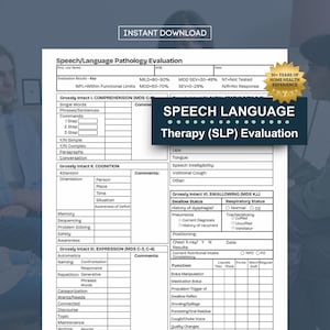Może przedstawiać: Formularz oceny patologii mowy i języka z tekstem "Speech Language Therapy (SLP) Evaluation" w ciemnoniebieskim banerze. Formularz zawiera sekcje dotyczące rozumienia, poznania, ekspresji i połykania.