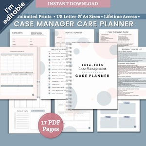 Może przedstawiać: Cyfrowy planer opieki dla kierowników spraw z białą okładką i tekstem "2024-2025 Case Management Care Planner". Planer zawiera strony kontaktowe, planowanie miesięczne i zasoby społeczności. Dostępny w rozmiarach US Letter i A4.