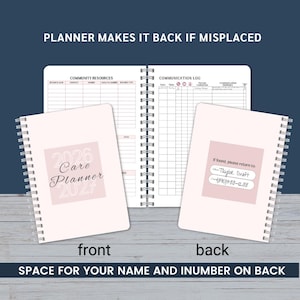 May include: A light pink spiral-bound planner, marked "2026 Care Planner 2027" on the front. The back cover features a pink label with contact details. The text at the top says "PLANNER MAKES IT BACK IF MISPLACED."