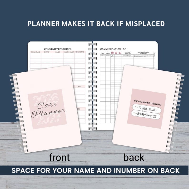 May include: A light pink spiral-bound planner, marked "2026 Care Planner 2027" on the front. The back cover features a pink label with contact details. The text at the top says "PLANNER MAKES IT BACK IF MISPLACED."
