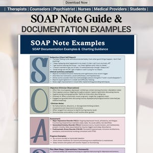 May include: A detailed guide titled "SOAP Note Guide & Documentation Examples" with sections on subjective client reports, objective clinician observations, assessments, and progress examples. Includes text and examples for therapists and medical professionals.