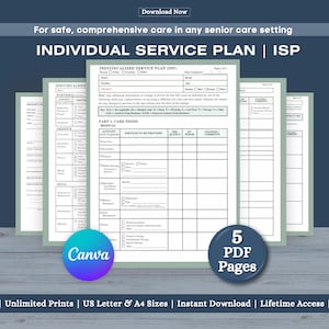 Könnte beinhalten: Ein digitales Dokument mit dem Titel „INDIVIDUAL SERVICE PLAN | ISP“ mit mehreren Seiten. Das Dokument ist für Seniorenpflegeeinrichtungen konzipiert. Das Bild enthält das Canva-Logo und Text, der 5 PDF-Seiten anzeigt.
