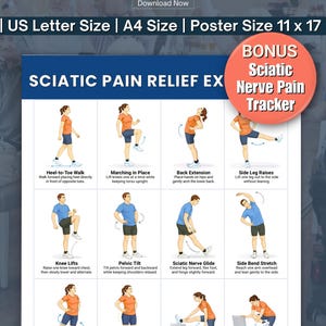 Op de afbeelding: Een poster met oefeningen voor pijnverlichting bij ischias. De poster bevat illustraties van verschillende rekoefeningen en bewegingen, zoals hak-teen-wandeling, marcheren op de plaats en zijwaartse beenheffingen. Inclusief een bonus tracker voor ischiaszenuwpijn.