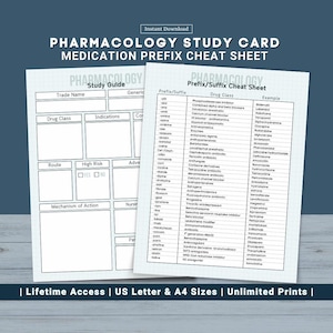 May include: Two pharmacology study cards with the title "Pharmacology Study Card Medication Prefix Cheat Sheet". One card is a study guide with sections for drug class, indications, and more. The other card lists prefixes, drug classes, and examples.
