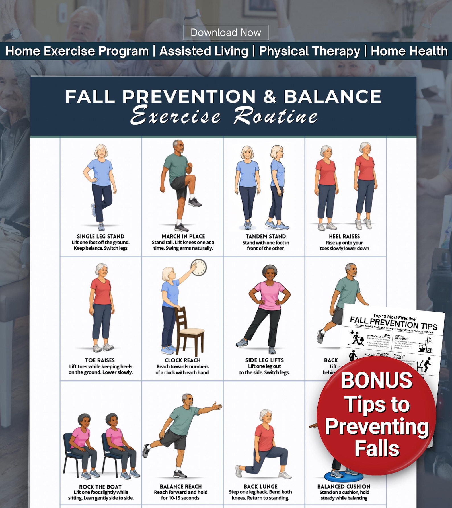 Fall Back Exercise Fall Prevention Balance Exercises for Seniors Poster | 16 Easy ...