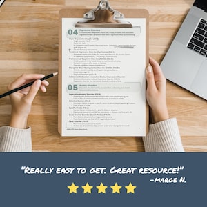 May include: A clipboard with a medical document, held by a person. The document lists depressive and anxiety disorders. A laptop and pencil are also visible. The text reads "REALLY EASY TO GET. GREAT RESOURCE!" with a five-star rating.