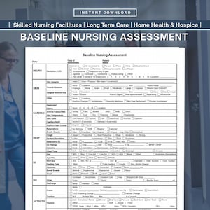 Puede incluir: Un formulario de Evaluación de Enfermería de Referencia, un documento médico para centros de enfermería especializada, cuidados a largo plazo y hospicios. El formulario incluye secciones para evaluaciones neurológicas, cutáneas, cardíacas, respiratorias, gastrointestinales, genitourinarias y de actividad.