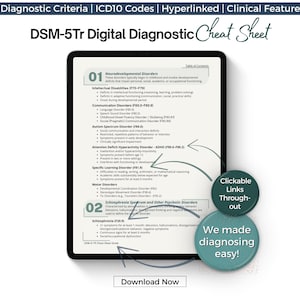 May include: A digital DSM-5Tr Diagnostic Cheat Sheet on a tablet. The screen displays diagnostic criteria, ICD10 codes, and clinical features for various disorders. The sheet includes clickable links and is designed to make diagnosing easier. The text "Download Now" is visible.