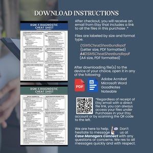 Op de afbeelding: Een digitale downloadafbeelding met de tekst "DSM-5 Diagnostic Cheat Sheet" in witte letters op een donkere achtergrond. De afbeelding bevat instructies voor het downloaden van het PDF-bestand en een QR-code.