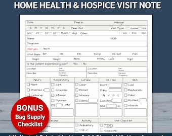 Home Health Printable Note, Hospice Documentation, Patient Visit Nurse Notes, In-Home Care Notes, Home Health Nurse, Home Health Intake Form